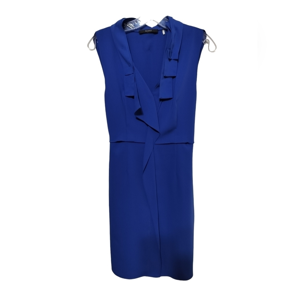 2168) Tahari Blue Sleeveless Ruffle Front Belted Cocktail Dress Size 4